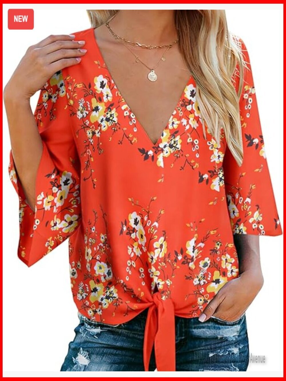 Boho 3/4 Sleeve V Neck Tie Front Blouse